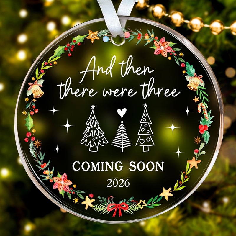 HEXMOZ Family of Three Christmas Ornaments 2025 - New Mom and Dad Gifts First Time 2025 - and Then There were Three Ornament, Baby Coming Soon 2026 Keepsake - Acrylic Xmas Tree Ornament - Image 1